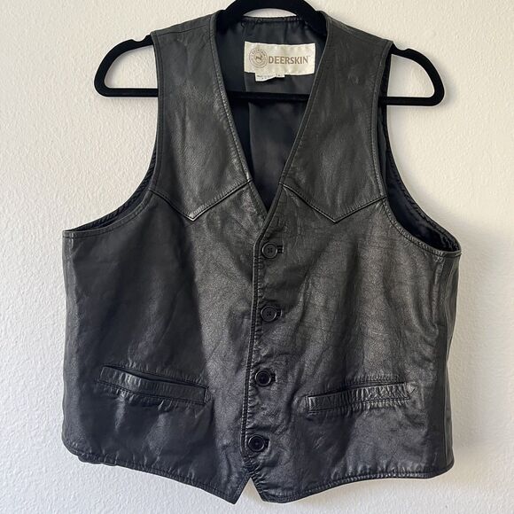 VINTAGE Deerskin Vest Men Large Black Genuine Leather Jacket Moto Biker Western - Picture 1 of 8